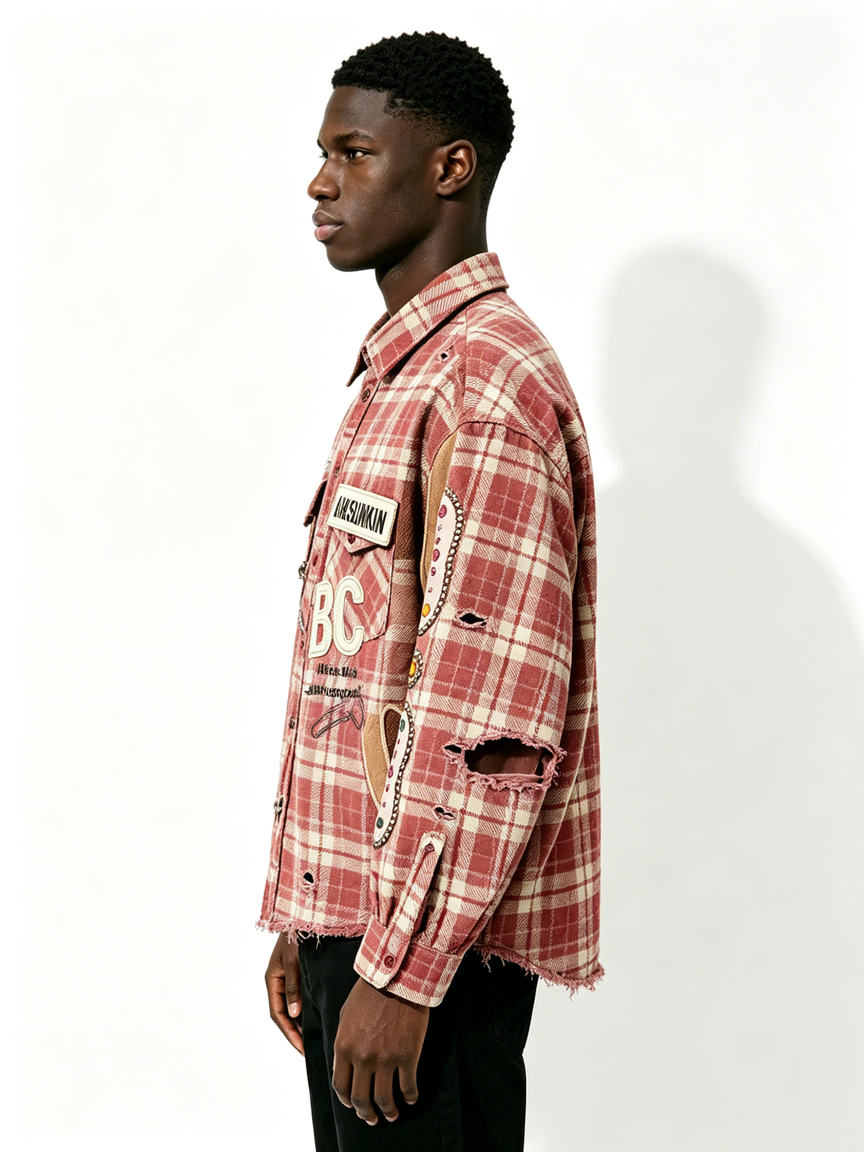Custom Red White Plaid Distressed Raw Hem Patchwork Flannel Button Down Shirt Manufacturer | Men Rhinestone Oval Patch BC Letter Embroidery Oversized Grunge Streetwear Long Sleeve Shirt Private Label, 50 MOQ, 7-Day Sample & 15-Day Bulk Lead Time