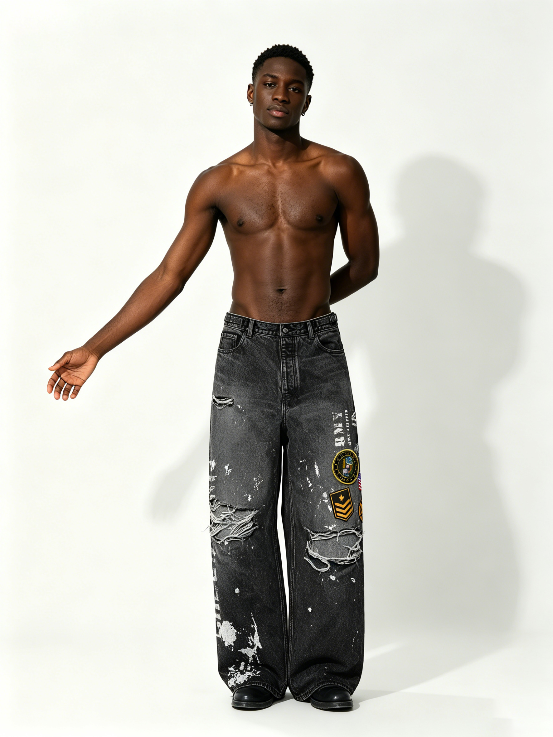 Custom Black Faded Wash Splatter Paint Military Patch Distressed Wide Leg Denim Jeans Manufacturer | Men Army Badge Ripped Baggy Grunge Streetwear Denim Pants Private Label, 50 MOQ, 7-Day Sample & 15-Day Bulk Lead Time