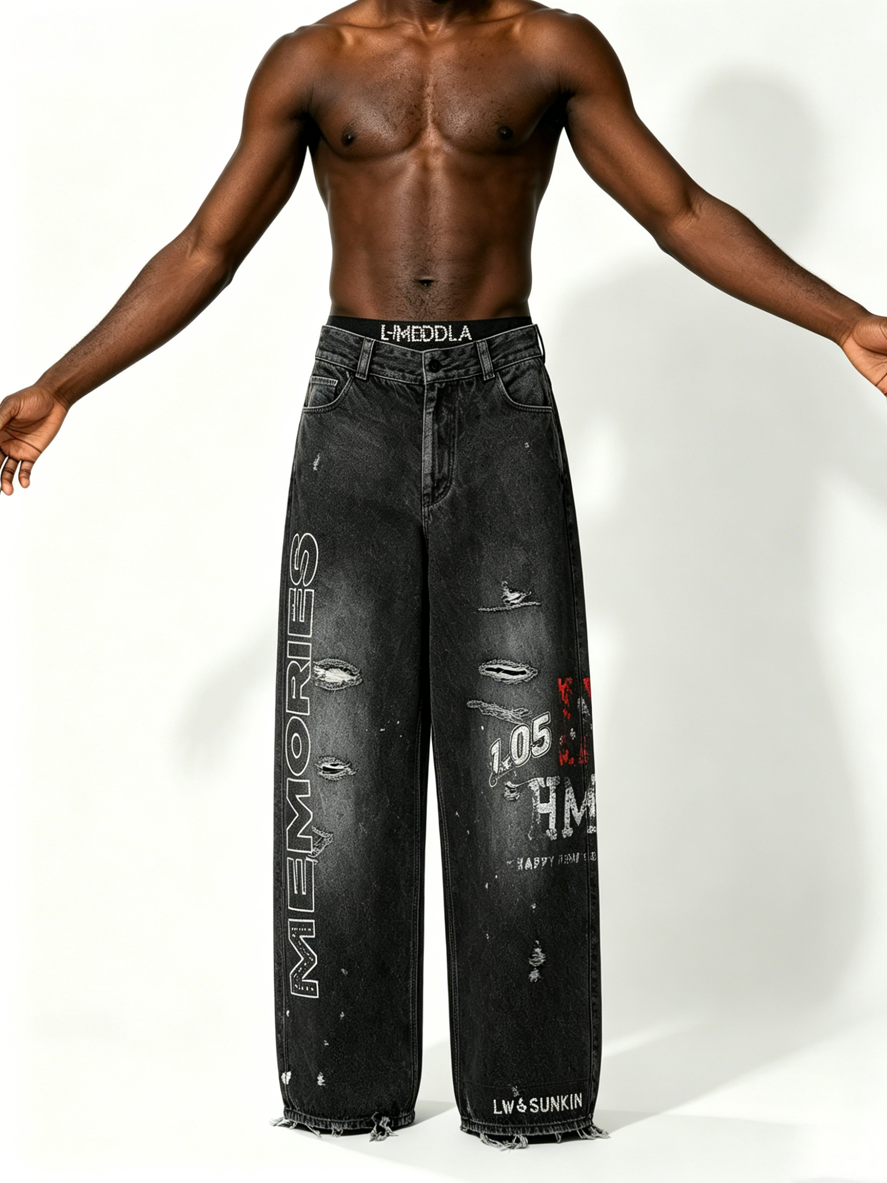 Custom Faded Black Wash Vertical Rhinestone Letter Multi Rip Distressed Raw Hem Wide Leg Denim Jeans Manufacturer | Men Graffiti Print Oversized Baggy Grunge Streetwear Denim Pants Private Label, 50 MOQ, 7-Day Sample & 15-Day Bulk Lead Time