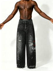 Custom Faded Black Wash Vertical Rhinestone Letter Multi Rip Distressed Raw Hem Wide Leg Denim Jeans Manufacturer | Men Graffiti Print Oversized Baggy Grunge Streetwear Denim Pants Private Label, 50 MOQ, 7-Day Sample & 15-Day Bulk Lead Time