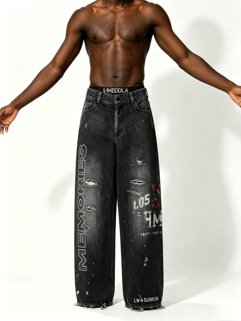 Custom Faded Black Wash Vertical Rhinestone Letter Multi Rip Distressed Raw Hem Wide Leg Denim Jeans Manufacturer | Men Graffiti Print Oversized Baggy Grunge Streetwear Denim Pants Private Label, 50 MOQ, 7-Day Sample & 15-Day Bulk Lead Time