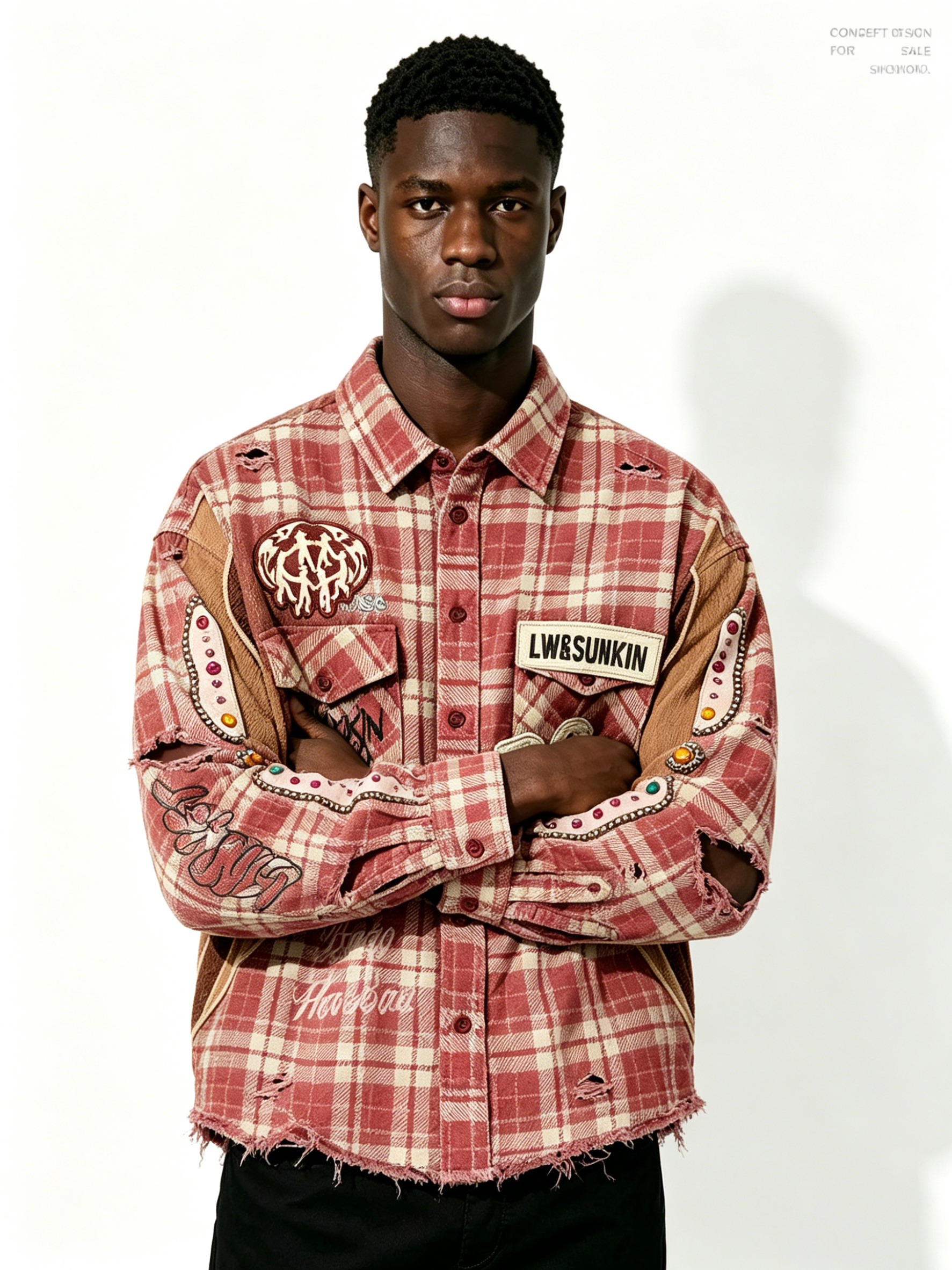 Custom Red White Plaid Distressed Raw Hem Patchwork Flannel Button Down Shirt Manufacturer | Men Rhinestone Oval Patch BC Letter Embroidery Oversized Grunge Streetwear Long Sleeve Shirt Private Label, 50 MOQ, 7-Day Sample & 15-Day Bulk Lead Time