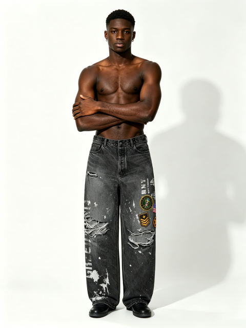 Custom Black Faded Wash Splatter Paint Military Patch Distressed Wide Leg Denim Jeans Manufacturer | Men Army Badge Ripped Baggy Grunge Streetwear Denim Pants Private Label, 50 MOQ, 7-Day Sample & 15-Day Bulk Lead Time