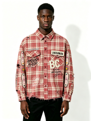 Custom Red White Plaid Distressed Raw Hem Patchwork Flannel Button Down Shirt Manufacturer | Men Rhinestone Oval Patch BC Letter Embroidery Oversized Grunge Streetwear Long Sleeve Shirt Private Label, 50 MOQ, 7-Day Sample & 15-Day Bulk Lead Time