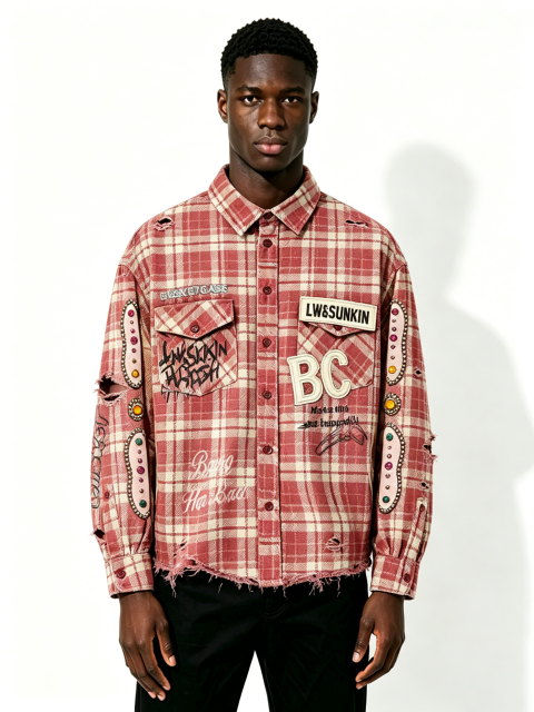 Custom Red White Plaid Distressed Raw Hem Patchwork Flannel Button Down Shirt Manufacturer | Men Rhinestone Oval Patch BC Letter Embroidery Oversized Grunge Streetwear Long Sleeve Shirt Private Label, 50 MOQ, 7-Day Sample & 15-Day Bulk Lead Time