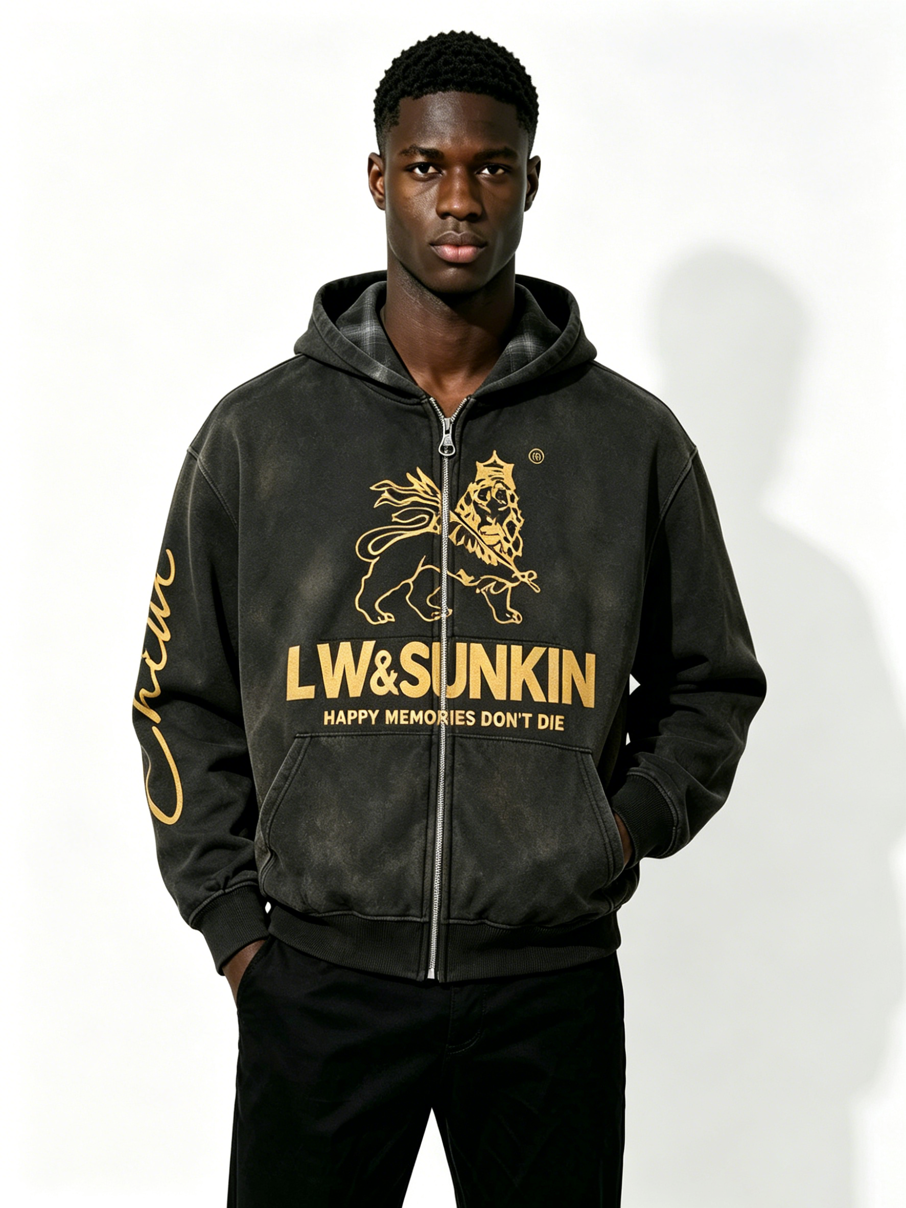 Custom Solid Black Full Zip Hooded Sweatshirt Manufacturer | Men Gold Line Lion Crown Graphic Oversized Luxury Streetwear Zip Up Hoodie Private Label, 50 MOQ, 7-Day Sample & 15-Day Bulk Lead Time