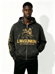 Custom Solid Black Full Zip Hooded Sweatshirt Manufacturer | Men Gold Line Lion Crown Graphic Oversized Luxury Streetwear Zip Up Hoodie Private Label, 50 MOQ, 7-Day Sample & 15-Day Bulk Lead Time