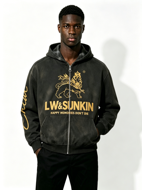Custom Solid Black Full Zip Hooded Sweatshirt Manufacturer | Men Gold Line Lion Crown Graphic Oversized Luxury Streetwear Zip Up Hoodie Private Label, 50 MOQ, 7-Day Sample & 15-Day Bulk Lead Time