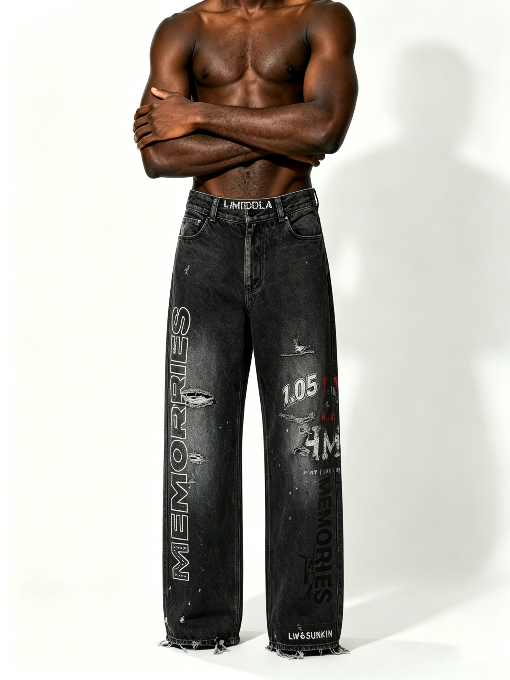 Custom Faded Black Wash Vertical Rhinestone Letter Multi Rip Distressed Raw Hem Wide Leg Denim Jeans Manufacturer | Men Graffiti Print Oversized Baggy Grunge Streetwear Denim Pants Private Label, 50 MOQ, 7-Day Sample & 15-Day Bulk Lead Time