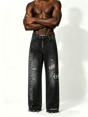 Custom Faded Black Wash Vertical Rhinestone Letter Multi Rip Distressed Raw Hem Wide Leg Denim Jeans Manufacturer | Men Graffiti Print Oversized Baggy Grunge Streetwear Denim Pants Private Label, 50 MOQ, 7-Day Sample & 15-Day Bulk Lead Time
