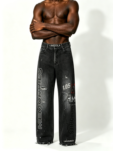 Custom Faded Black Wash Vertical Rhinestone Letter Multi Rip Distressed Raw Hem Wide Leg Denim Jeans Manufacturer | Men Graffiti Print Oversized Baggy Grunge Streetwear Denim Pants Private Label, 50 MOQ, 7-Day Sample & 15-Day Bulk Lead Time