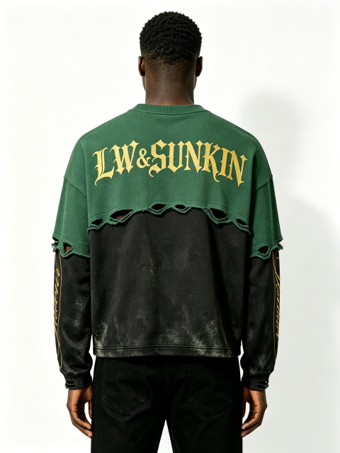 Custom Two-Tone Green Black Waffle Knit Spliced Distressed Raw Cut Layered Long Sleeve Top Manufacturer | Men Gothic Gold Gothic Font Print Oversized Grunge Streetwear Crew Neck Tee Private Label, 50 MOQ, 7-Day Sample & 15-Day Bulk Lead Time