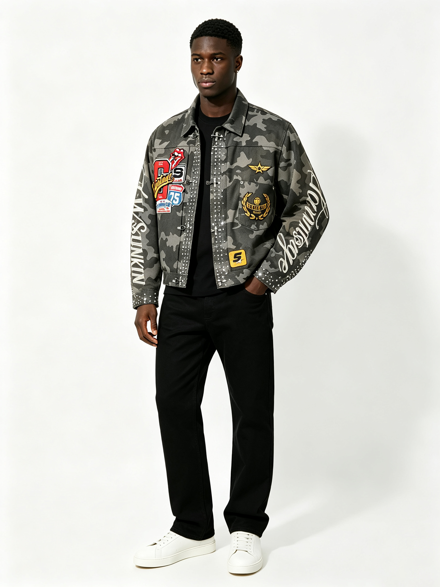 Custom Camo Print Trucker Collar Cargo Jacket Manufacturer | Men Multi Woven Patches Rhinestone Rivet Vertical Cursive Letter Oversized Tactical Streetwear Coat Private Label, 50 MOQ, 7-Day Sample & 15-Day Bulk Lead Time