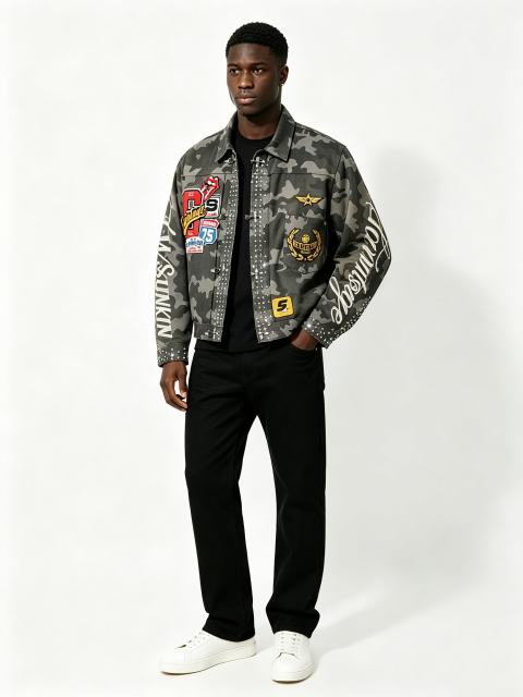 Custom Camo Print Trucker Collar Cargo Jacket Manufacturer | Men Multi Woven Patches Rhinestone Rivet Vertical Cursive Letter Oversized Tactical Streetwear Coat Private Label, 50 MOQ, 7-Day Sample & 15-Day Bulk Lead Time
