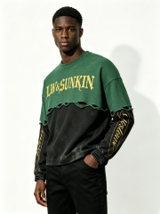 Custom Two-Tone Green Black Waffle Knit Spliced Distressed Raw Cut Layered Long Sleeve Top Manufacturer | Men Gothic Gold Gothic Font Print Oversized Grunge Streetwear Crew Neck Tee Private Label, 50 MOQ, 7-Day Sample & 15-Day Bulk Lead Time