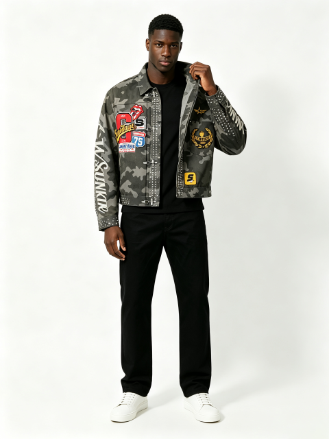 Custom Camo Print Trucker Collar Cargo Jacket Manufacturer | Men Multi Woven Patches Rhinestone Rivet Vertical Cursive Letter Oversized Tactical Streetwear Coat Private Label, 50 MOQ, 7-Day Sample & 15-Day Bulk Lead Time