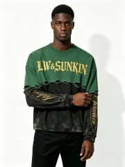 Custom Two-Tone Green Black Waffle Knit Spliced Distressed Raw Cut Layered Long Sleeve Top Manufacturer | Men Gothic Gold Gothic Font Print Oversized Grunge Streetwear Crew Neck Tee Private Label, 50 MOQ, 7-Day Sample & 15-Day Bulk Lead Time