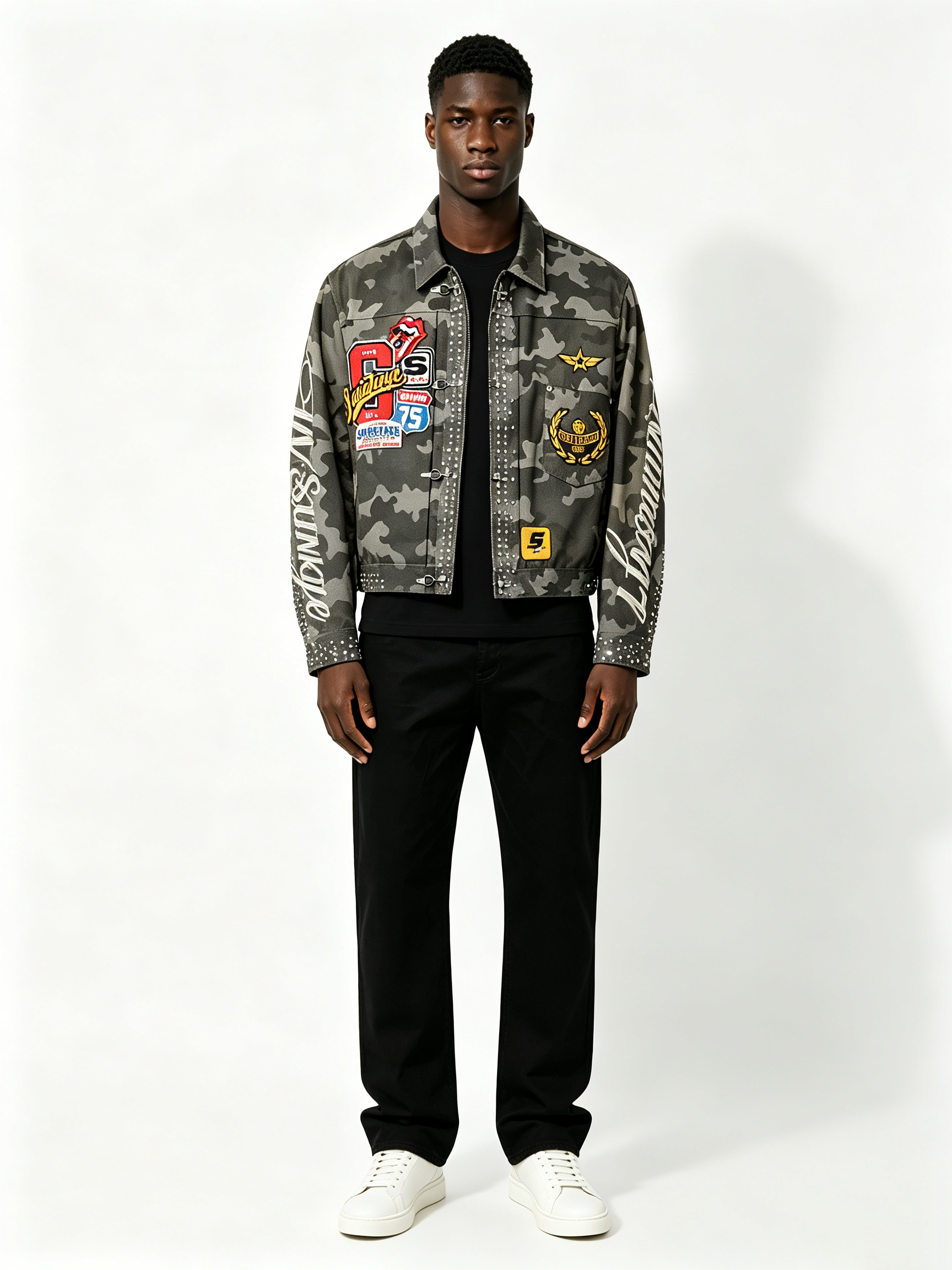 Custom Camo Print Trucker Collar Cargo Jacket Manufacturer | Men Multi Woven Patches Rhinestone Rivet Vertical Cursive Letter Oversized Tactical Streetwear Coat Private Label, 50 MOQ, 7-Day Sample & 15-Day Bulk Lead Time