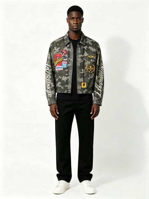 Custom Camo Print Trucker Collar Cargo Jacket Manufacturer | Men Multi Woven Patches Rhinestone Rivet Vertical Cursive Letter Oversized Tactical Streetwear Coat Private Label, 50 MOQ, 7-Day Sample & 15-Day Bulk Lead Time