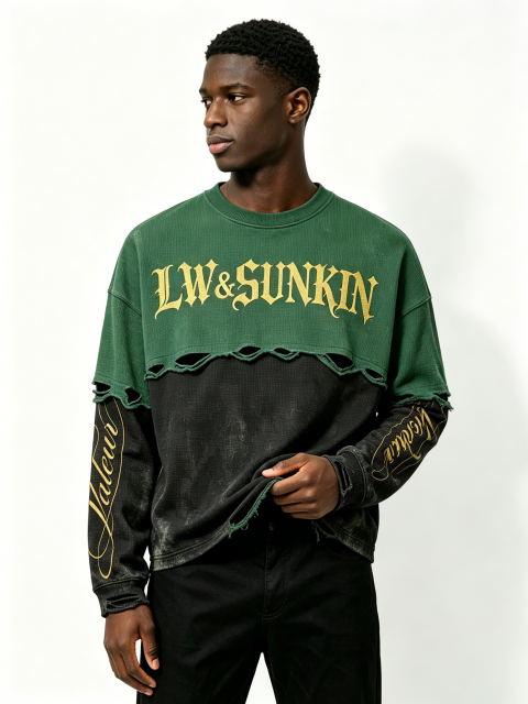 Custom Two-Tone Green Black Waffle Knit Spliced Distressed Raw Cut Layered Long Sleeve Top Manufacturer | Men Gothic Gold Gothic Font Print Oversized Grunge Streetwear Crew Neck Tee Private Label, 50 MOQ, 7-Day Sample & 15-Day Bulk Lead Time