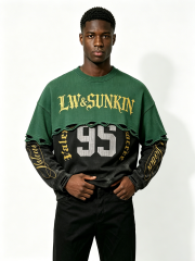 Custom Two-Tone Green Black Waffle Knit Spliced Distressed Raw Cut Layered Long Sleeve Top Manufacturer | Men Gothic Gold Gothic Font Print Oversized Grunge Streetwear Crew Neck Tee Private Label, 50 MOQ, 7-Day Sample & 15-Day Bulk Lead Time
