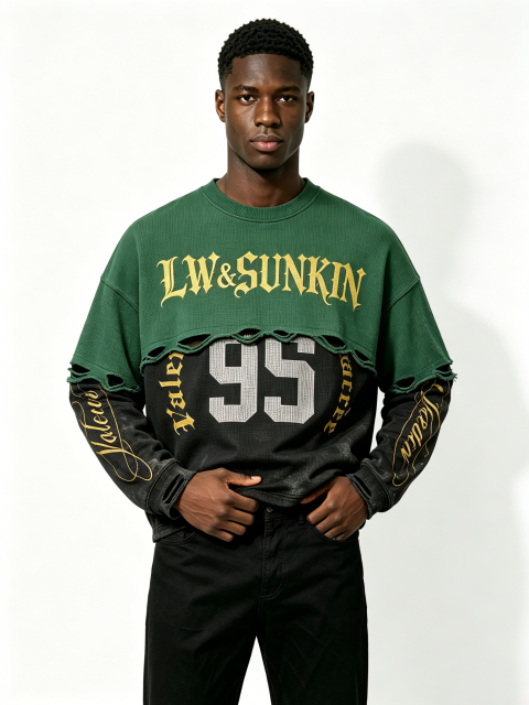 Custom Two-Tone Green Black Waffle Knit Spliced Distressed Raw Cut Layered Long Sleeve Top Manufacturer | Men Gothic Gold Gothic Font Print Oversized Grunge Streetwear Crew Neck Tee Private Label, 50 MOQ, 7-Day Sample & 15-Day Bulk Lead Time