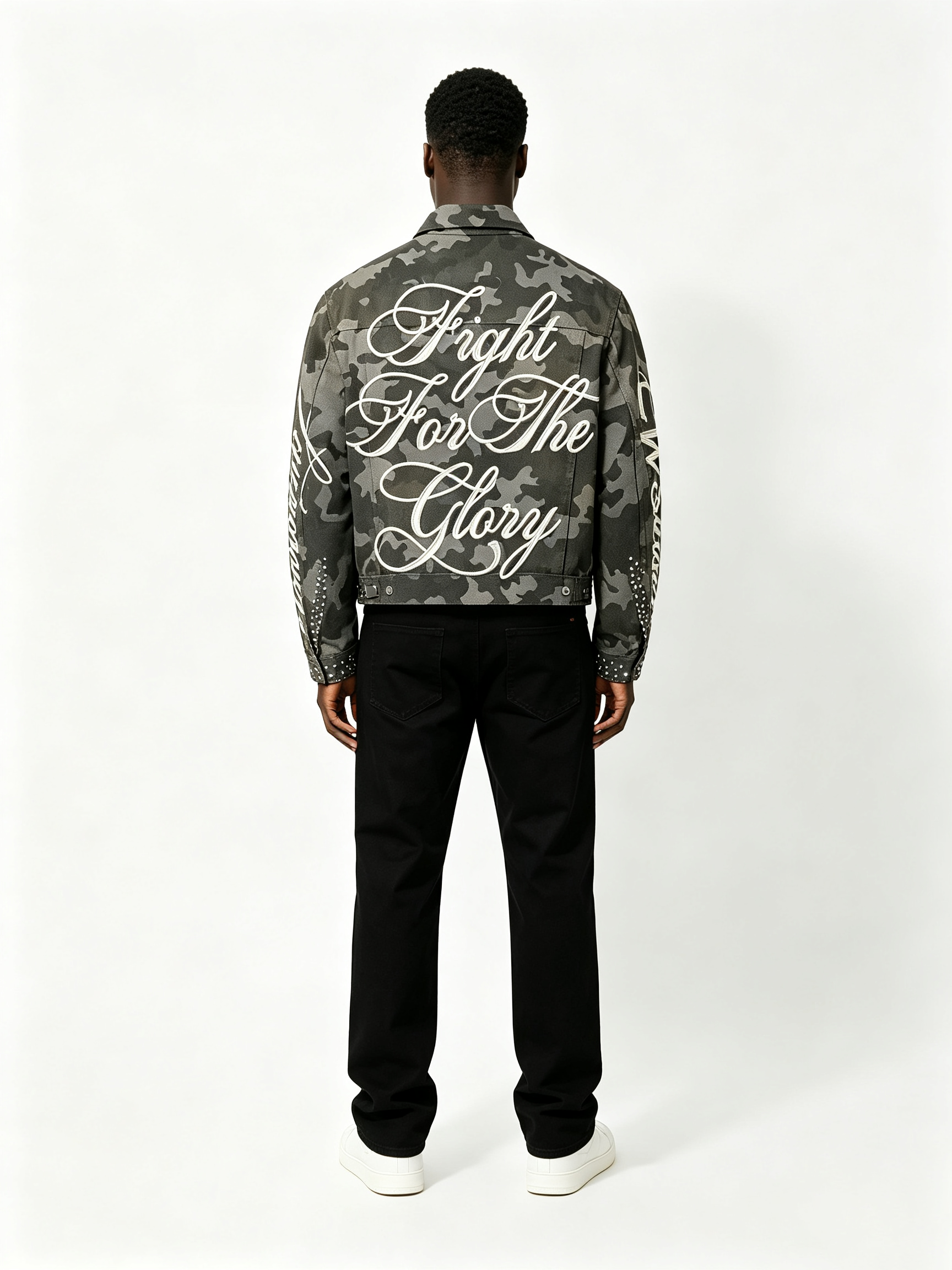 Custom Camo Print Trucker Collar Cargo Jacket Manufacturer | Men Multi Woven Patches Rhinestone Rivet Vertical Cursive Letter Oversized Tactical Streetwear Coat Private Label, 50 MOQ, 7-Day Sample & 15-Day Bulk Lead Time