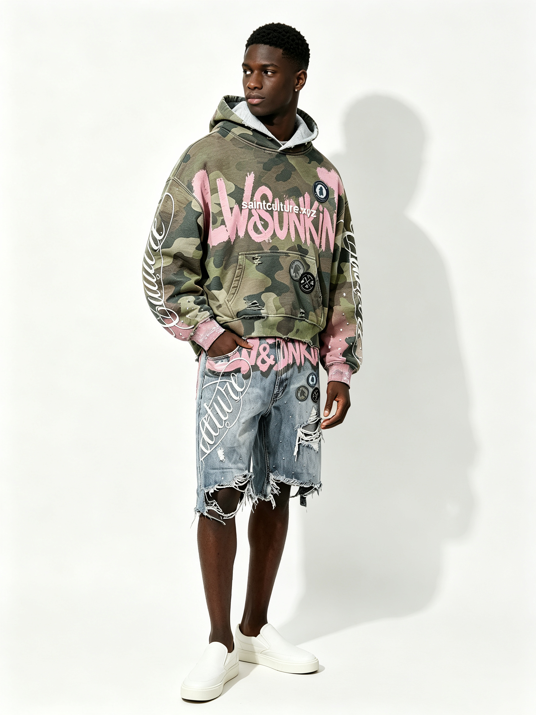 Custom Camo Pink Splash Paint Distressed Cropped Hoodie & Multi-Rip Raw Hem Denim Short Two Piece Matching Set Manufacturer | Men Rhinestone Oval Patch Cursive Embroidery Oversized Grunge Streetwear Co-Ord Private Label, 50 MOQ, 7-Day Sample & 15-Day Bulk