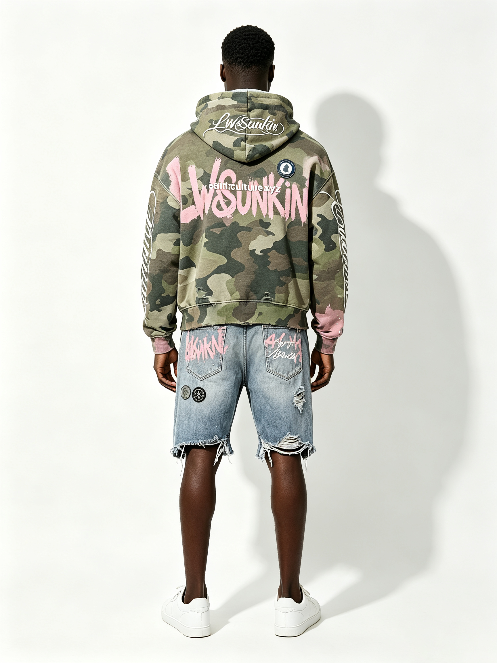 Custom Camo Pink Splash Paint Distressed Cropped Hoodie & Multi-Rip Raw Hem Denim Short Two Piece Matching Set Manufacturer | Men Rhinestone Oval Patch Cursive Embroidery Oversized Grunge Streetwear Co-Ord Private Label, 50 MOQ, 7-Day Sample & 15-Day Bulk