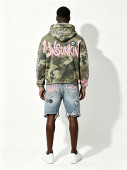 Custom Camo Pink Splash Paint Distressed Cropped Hoodie & Multi-Rip Raw Hem Denim Short Two Piece Matching Set Manufacturer | Men Rhinestone Oval Patch Cursive Embroidery Oversized Grunge Streetwear Co-Ord Private Label, 50 MOQ, 7-Day Sample & 15-Day Bulk