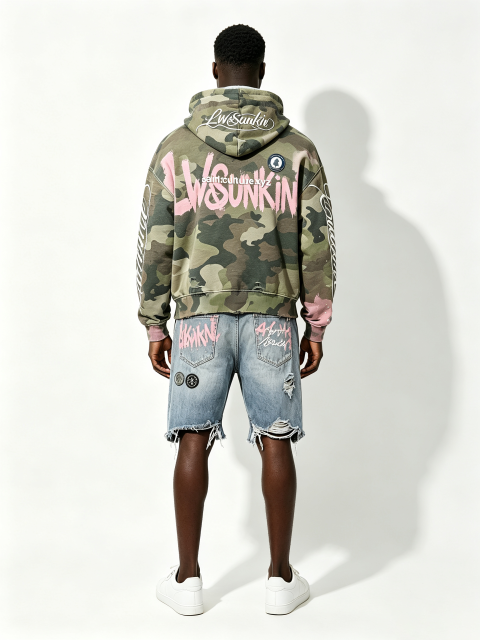 Custom Camo Pink Splash Paint Distressed Cropped Hoodie & Multi-Rip Raw Hem Denim Short Two Piece Matching Set Manufacturer | Men Rhinestone Oval Patch Cursive Embroidery Oversized Grunge Streetwear Co-Ord Private Label, 50 MOQ, 7-Day Sample & 15-Day Bulk