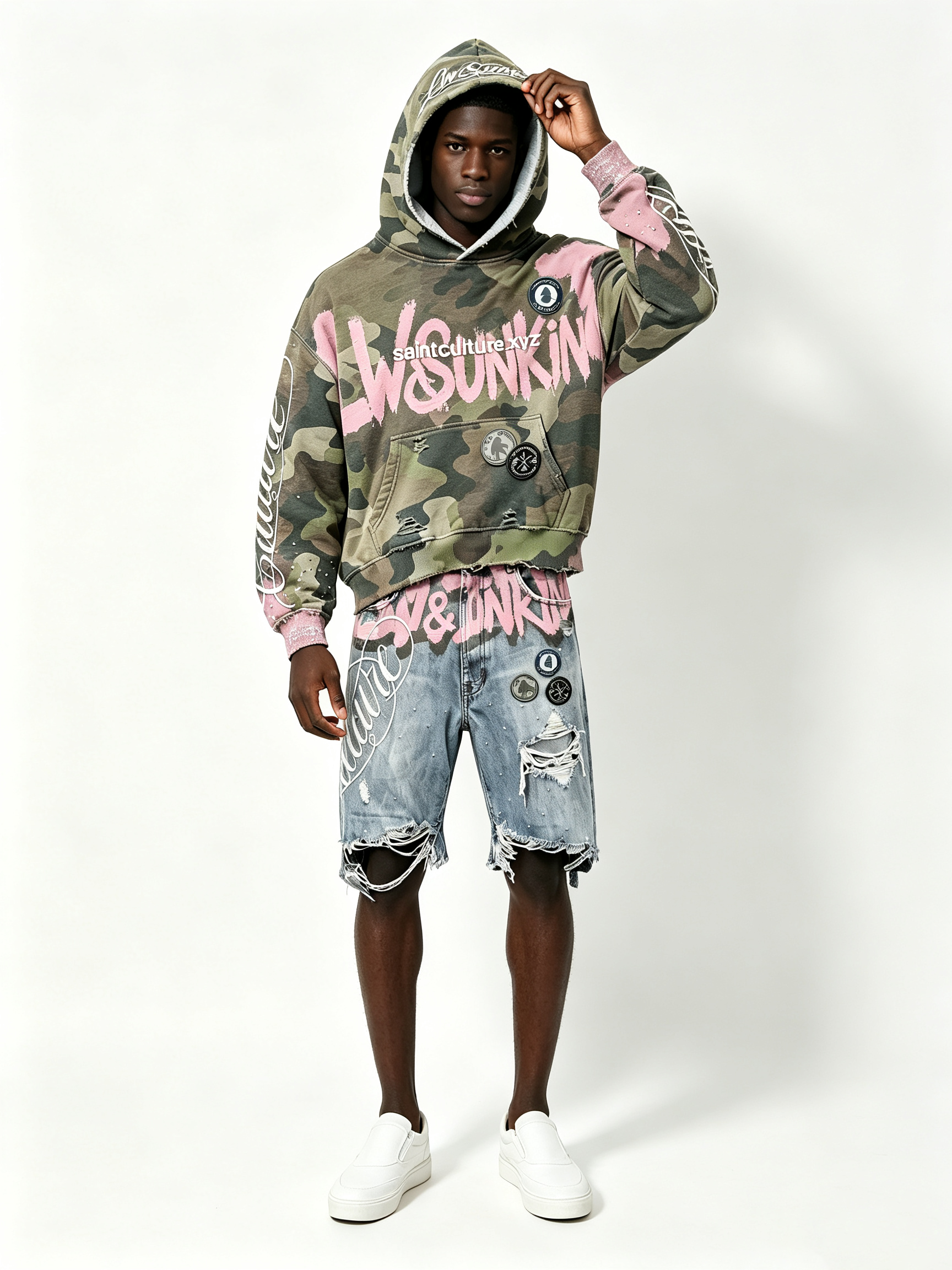 Custom Camo Pink Splash Paint Distressed Cropped Hoodie & Multi-Rip Raw Hem Denim Short Two Piece Matching Set Manufacturer | Men Rhinestone Oval Patch Cursive Embroidery Oversized Grunge Streetwear Co-Ord Private Label, 50 MOQ, 7-Day Sample & 15-Day Bulk