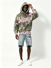 Custom Camo Pink Splash Paint Distressed Cropped Hoodie & Multi-Rip Raw Hem Denim Short Two Piece Matching Set Manufacturer | Men Rhinestone Oval Patch Cursive Embroidery Oversized Grunge Streetwear Co-Ord Private Label, 50 MOQ, 7-Day Sample & 15-Day Bulk