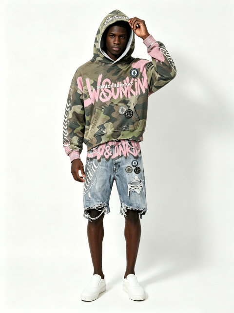 Custom Camo Pink Splash Paint Distressed Cropped Hoodie & Multi-Rip Raw Hem Denim Short Two Piece Matching Set Manufacturer | Men Rhinestone Oval Patch Cursive Embroidery Oversized Grunge Streetwear Co-Ord Private Label, 50 MOQ, 7-Day Sample & 15-Day Bulk