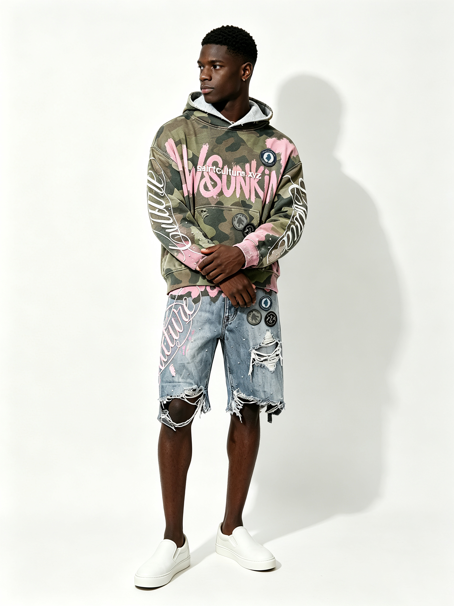 Custom Camo Pink Splash Paint Distressed Cropped Hoodie & Multi-Rip Raw Hem Denim Short Two Piece Matching Set Manufacturer | Men Rhinestone Oval Patch Cursive Embroidery Oversized Grunge Streetwear Co-Ord Private Label, 50 MOQ, 7-Day Sample & 15-Day Bulk