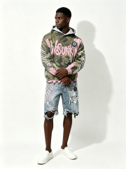 Custom Camo Pink Splash Paint Distressed Cropped Hoodie & Multi-Rip Raw Hem Denim Short Two Piece Matching Set Manufacturer | Men Rhinestone Oval Patch Cursive Embroidery Oversized Grunge Streetwear Co-Ord Private Label, 50 MOQ, 7-Day Sample & 15-Day Bulk
