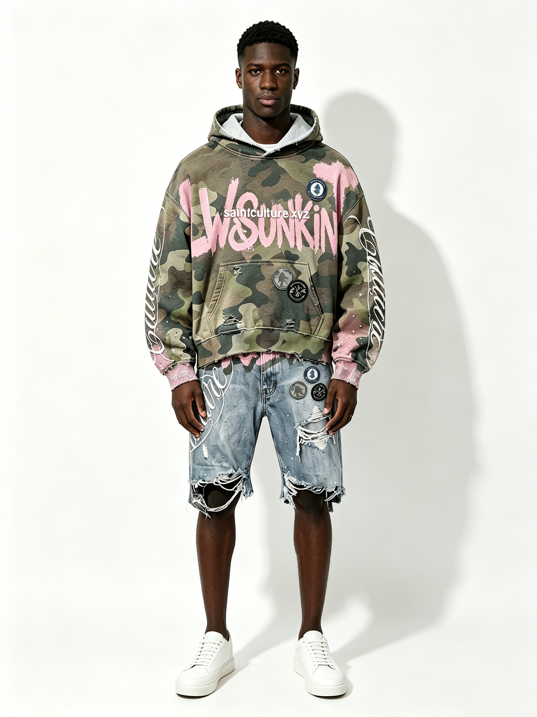 Custom Camo Pink Splash Paint Distressed Cropped Hoodie & Multi-Rip Raw Hem Denim Short Two Piece Matching Set Manufacturer | Men Rhinestone Oval Patch Cursive Embroidery Oversized Grunge Streetwear Co-Ord Private Label, 50 MOQ, 7-Day Sample & 15-Day Bulk