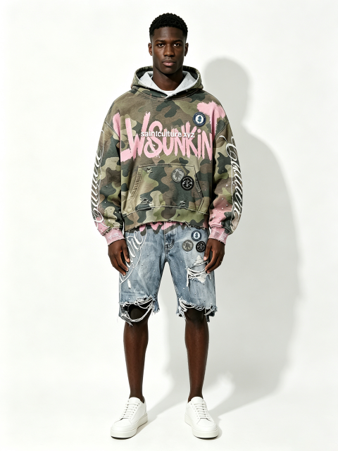 Custom Camo Pink Splash Paint Distressed Cropped Hoodie & Multi-Rip Raw Hem Denim Short Two Piece Matching Set Manufacturer | Men Rhinestone Oval Patch Cursive Embroidery Oversized Grunge Streetwear Co-Ord Private Label, 50 MOQ, 7-Day Sample & 15-Day Bulk