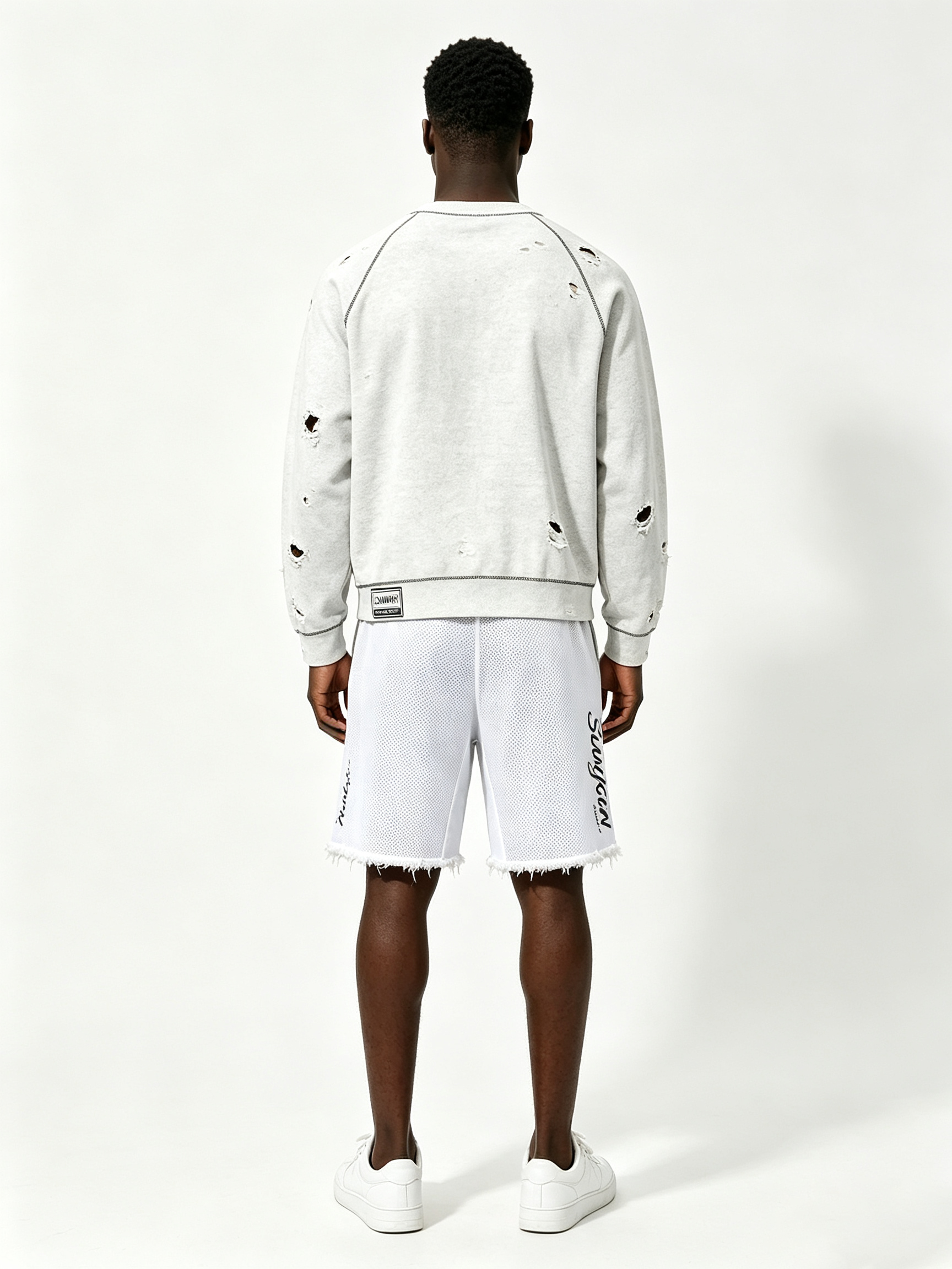 Custom Light Heather Gray Ripped Distressed Raglan Crewneck Sweatshirt & White Mesh Raw Hem Basketball Short Two Piece Matching Set Manufacturer | Men Gold Border Varsity Chenille Patch Sport Oversized Streetwear Co-Ord Private Label, 50 MOQ, 7-Day Sample
