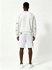 Custom Light Heather Gray Ripped Distressed Raglan Crewneck Sweatshirt & White Mesh Raw Hem Basketball Short Two Piece Matching Set Manufacturer | Men Gold Border Varsity Chenille Patch Sport Oversized Streetwear Co-Ord Private Label, 50 MOQ, 7-Day Sample