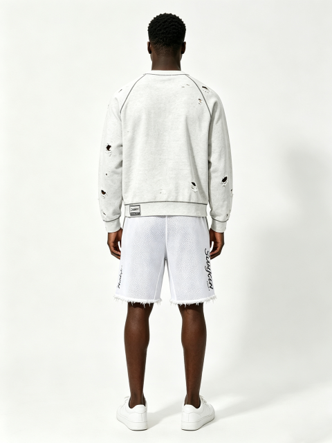 Custom Light Heather Gray Ripped Distressed Raglan Crewneck Sweatshirt & White Mesh Raw Hem Basketball Short Two Piece Matching Set Manufacturer | Men Gold Border Varsity Chenille Patch Sport Oversized Streetwear Co-Ord Private Label, 50 MOQ, 7-Day Sample