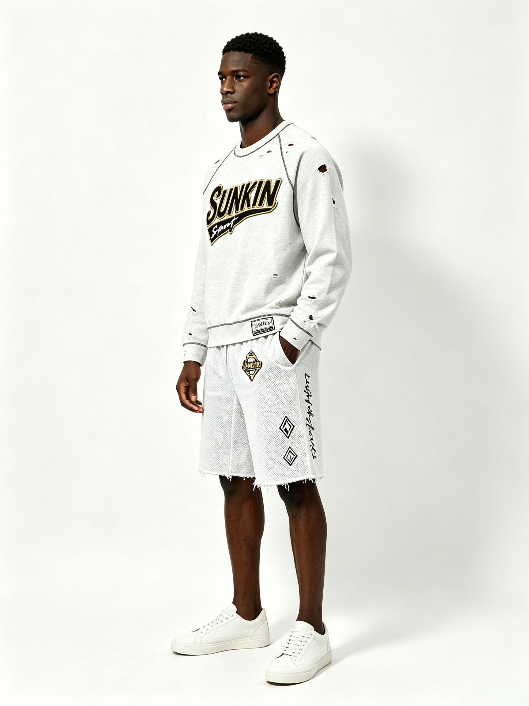Custom Light Heather Gray Ripped Distressed Raglan Crewneck Sweatshirt & White Mesh Raw Hem Basketball Short Two Piece Matching Set Manufacturer | Men Gold Border Varsity Chenille Patch Sport Oversized Streetwear Co-Ord Private Label, 50 MOQ, 7-Day Sample