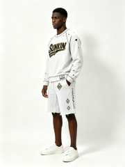 Custom Light Heather Gray Ripped Distressed Raglan Crewneck Sweatshirt & White Mesh Raw Hem Basketball Short Two Piece Matching Set Manufacturer | Men Gold Border Varsity Chenille Patch Sport Oversized Streetwear Co-Ord Private Label, 50 MOQ, 7-Day Sample