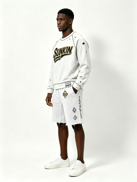 Custom Light Heather Gray Ripped Distressed Raglan Crewneck Sweatshirt & White Mesh Raw Hem Basketball Short Two Piece Matching Set Manufacturer | Men Gold Border Varsity Chenille Patch Sport Oversized Streetwear Co-Ord Private Label, 50 MOQ, 7-Day Sample