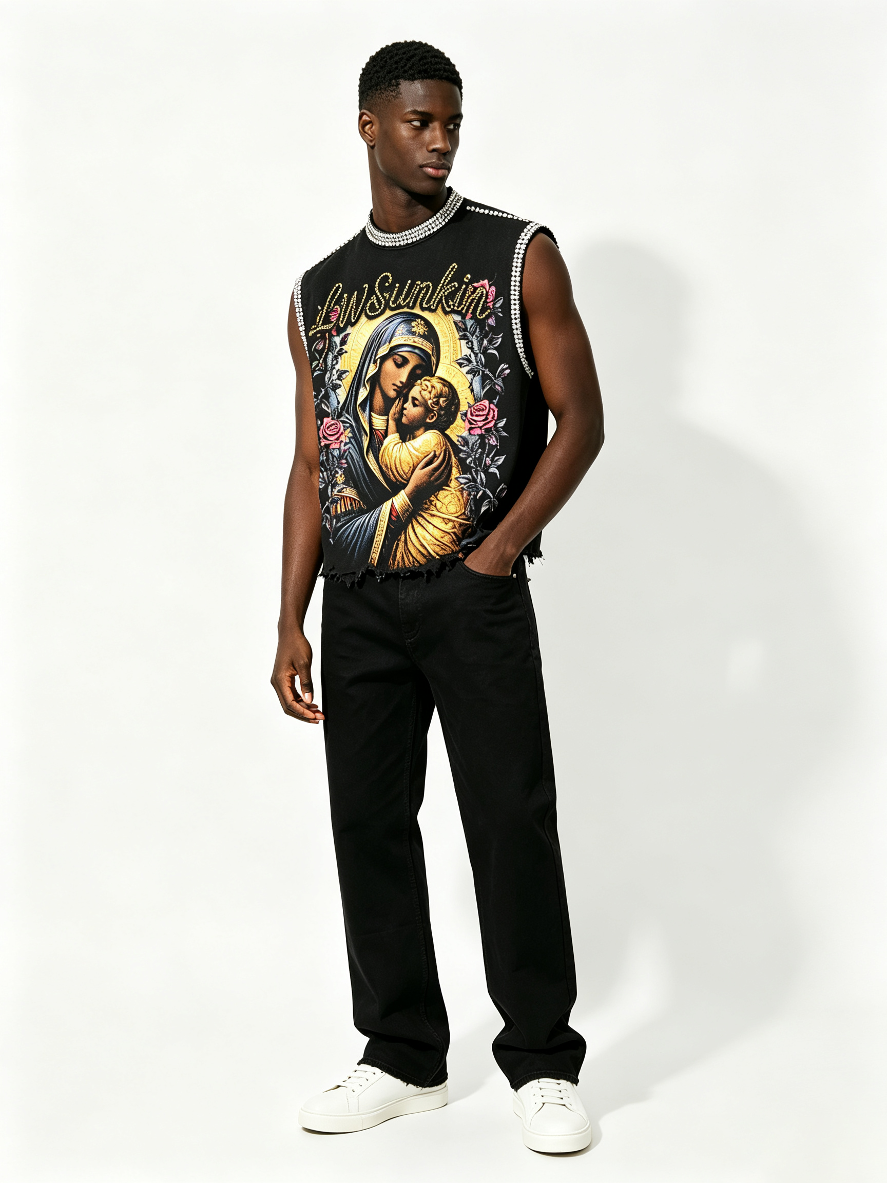 Custom Black Rhinestone Trim Raw Fray Cropped Sleeveless Tank Top Manufacturer | Men Religious Madonna & Child Rose Floral Portrait Print Oversized Y2K Grunge Streetwear Vest Private Label, 50 MOQ, 7-Day Sample & 15-Day Bulk Lead Time