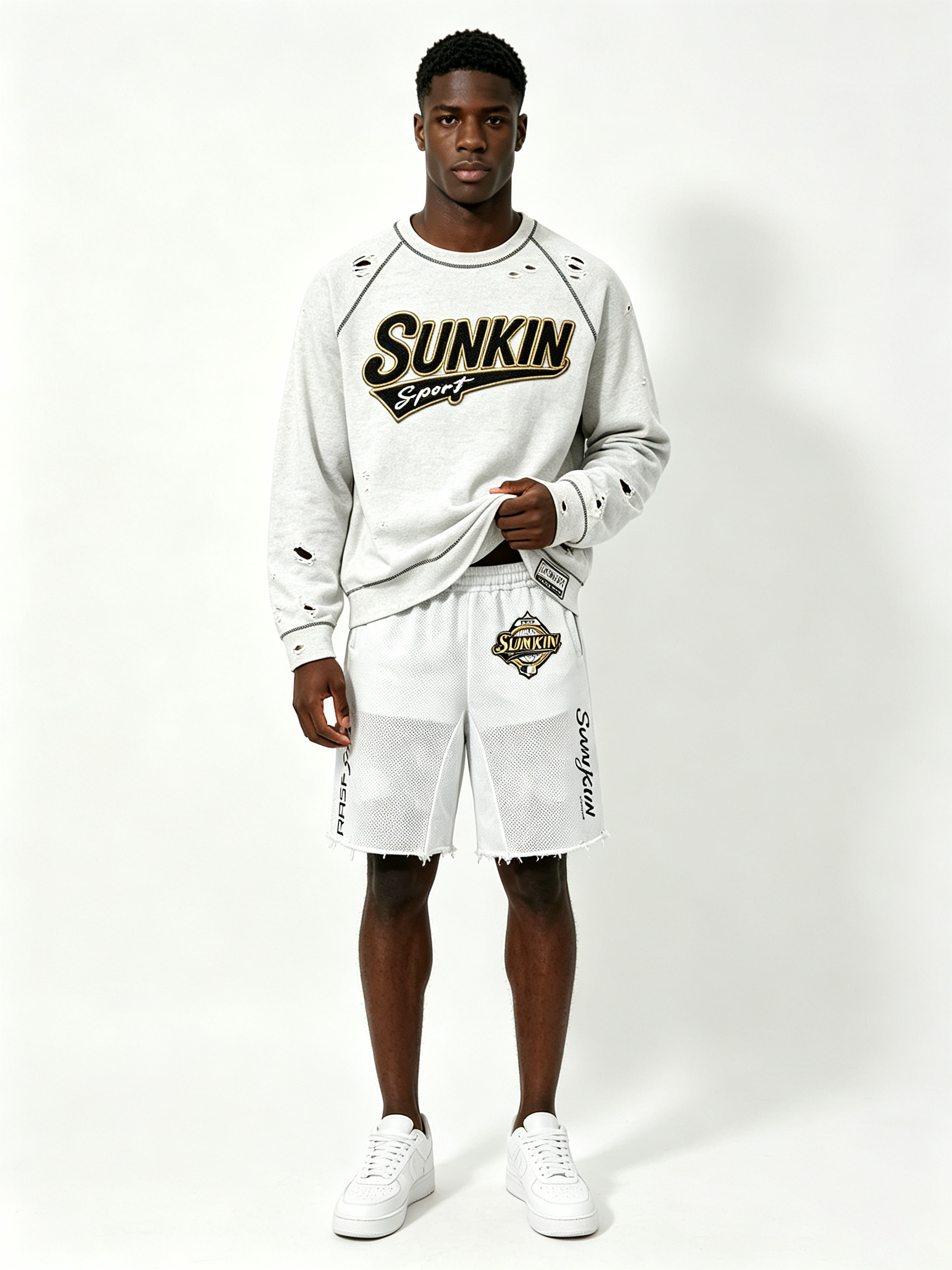 Custom Light Heather Gray Ripped Distressed Raglan Crewneck Sweatshirt & White Mesh Raw Hem Basketball Short Two Piece Matching Set Manufacturer | Men Gold Border Varsity Chenille Patch Sport Oversized Streetwear Co-Ord Private Label, 50 MOQ, 7-Day Sample