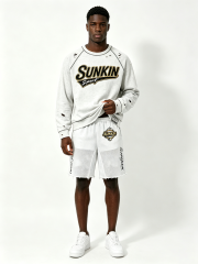 Custom Light Heather Gray Ripped Distressed Raglan Crewneck Sweatshirt & White Mesh Raw Hem Basketball Short Two Piece Matching Set Manufacturer | Men Gold Border Varsity Chenille Patch Sport Oversized Streetwear Co-Ord Private Label, 50 MOQ, 7-Day Sample