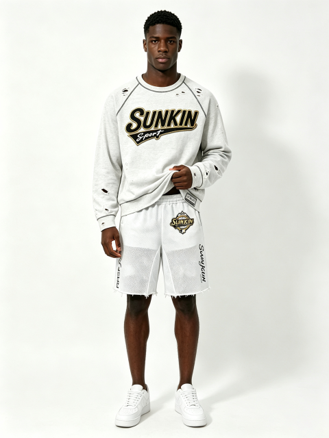 Custom Light Heather Gray Ripped Distressed Raglan Crewneck Sweatshirt & White Mesh Raw Hem Basketball Short Two Piece Matching Set Manufacturer | Men Gold Border Varsity Chenille Patch Sport Oversized Streetwear Co-Ord Private Label, 50 MOQ, 7-Day Sample
