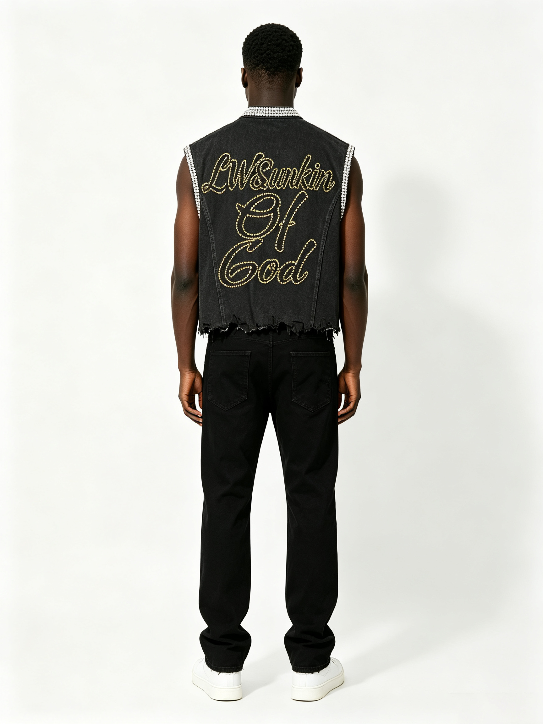 Custom Black Rhinestone Trim Raw Fray Cropped Sleeveless Tank Top Manufacturer | Men Religious Madonna & Child Rose Floral Portrait Print Oversized Y2K Grunge Streetwear Vest Private Label, 50 MOQ, 7-Day Sample & 15-Day Bulk Lead Time