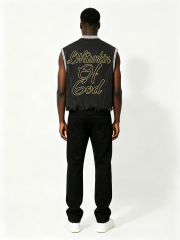 Custom Black Rhinestone Trim Raw Fray Cropped Sleeveless Tank Top Manufacturer | Men Religious Madonna & Child Rose Floral Portrait Print Oversized Y2K Grunge Streetwear Vest Private Label, 50 MOQ, 7-Day Sample & 15-Day Bulk Lead Time